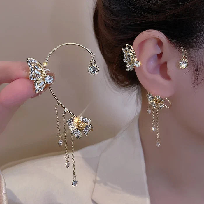 BUTTERFLY FLOWER TASSEL SHINY ZIRCON EARRINGS (1 PAIR)