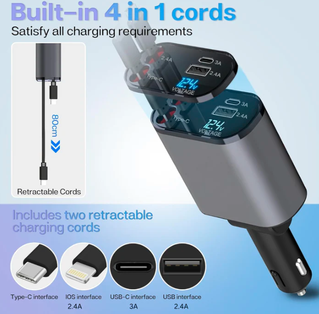 4-in-1 Retractable Car Mobile Charger